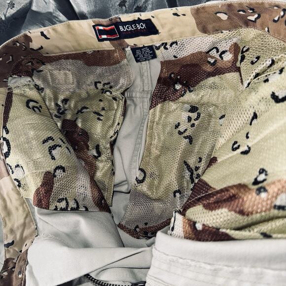 Vintage Y2K Bugle Boy Cargo Pants 30x30 Khaki Camo Wide Leg Patches Zip Pocket - Picture 11 of 12